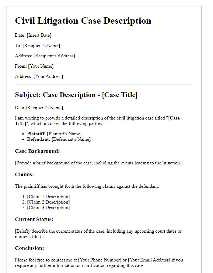 Letter template of civil litigation case description