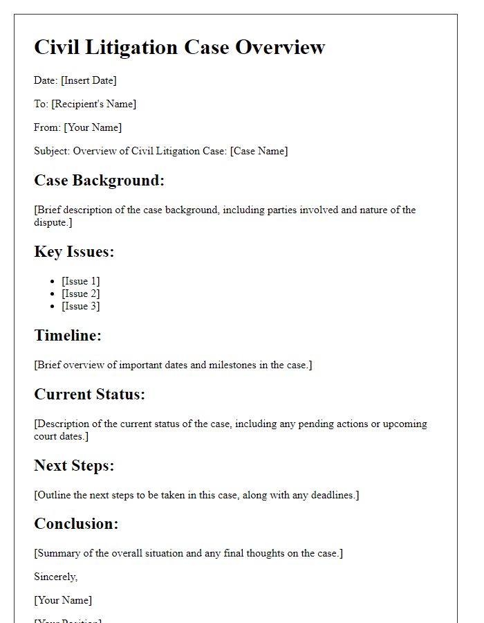 Letter template of civil litigation case overview