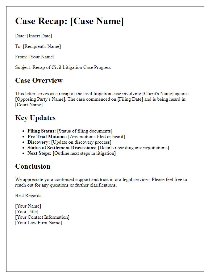 Letter template of civil litigation case recap