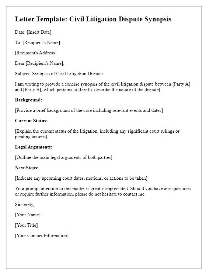 Letter template of civil litigation dispute synopsis