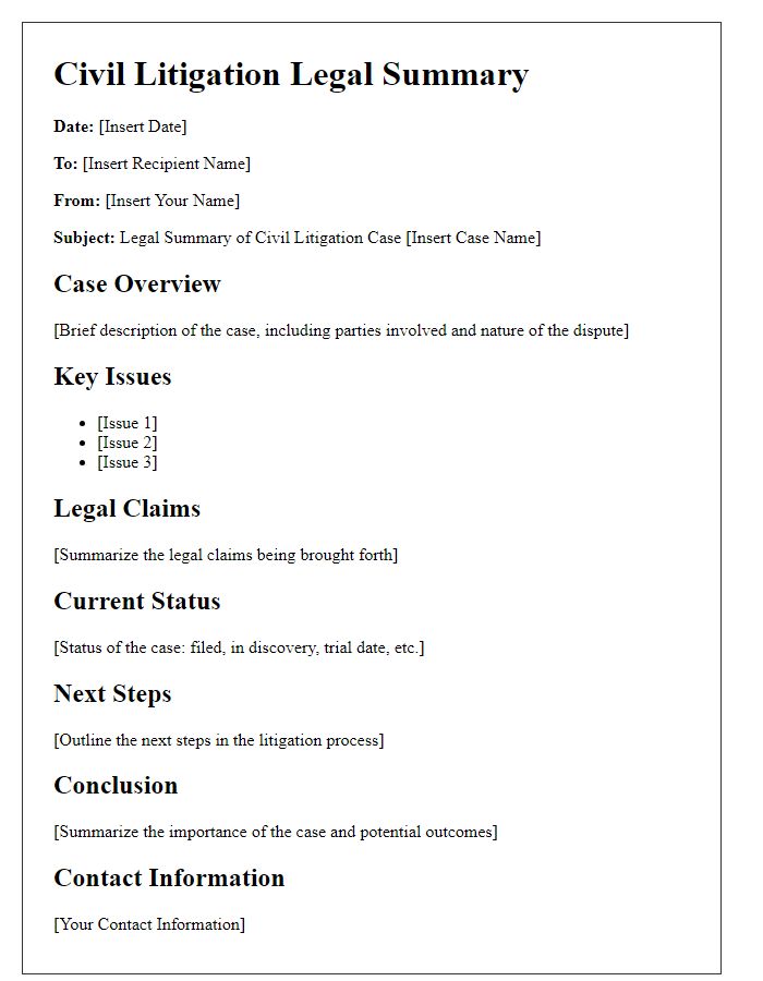 Letter template of civil litigation legal summary