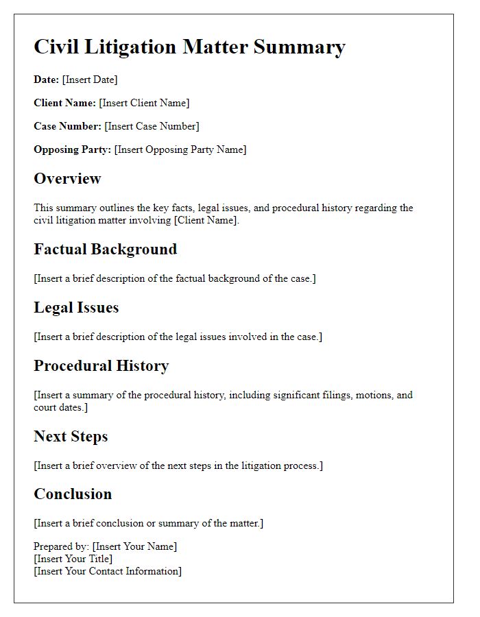 Letter template of civil litigation matter summary