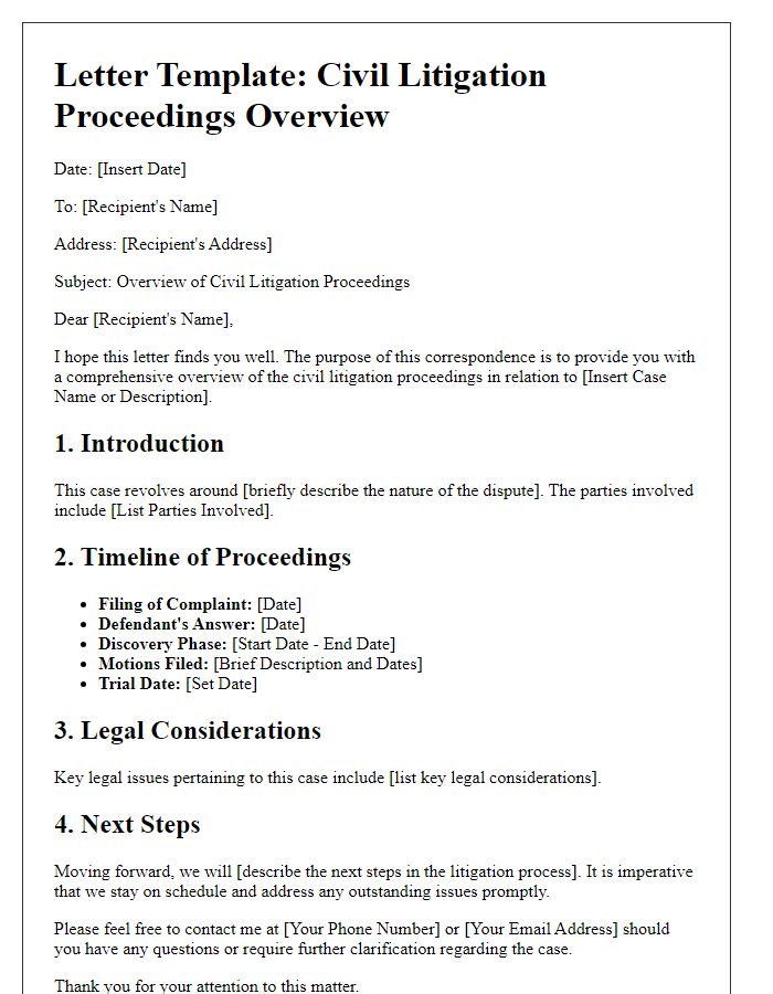 Letter template of civil litigation proceedings overview