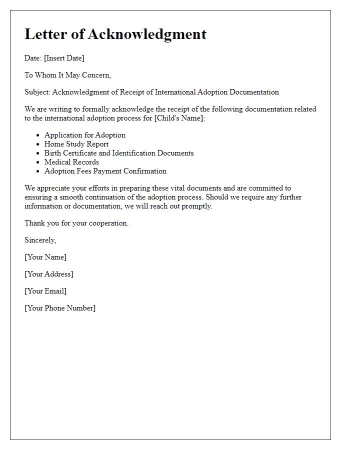 Letter template of acknowledgment for international adoption documentation