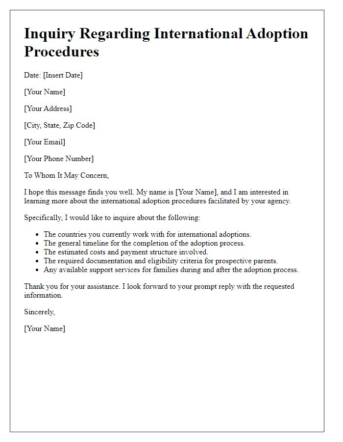 Letter template of inquiry for international adoption procedures