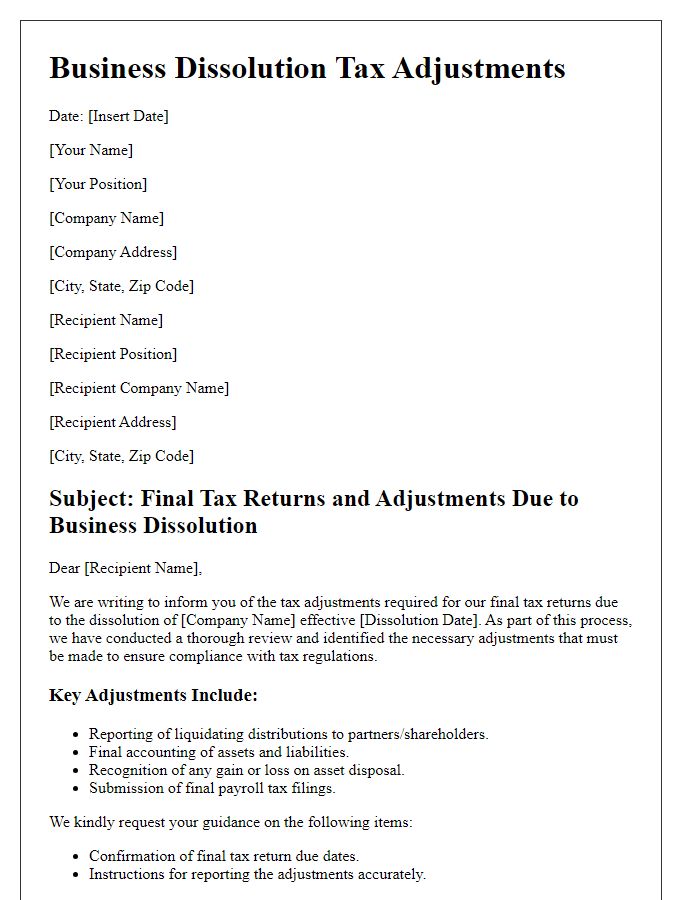 Letter template of business dissolution tax adjustments for final returns.