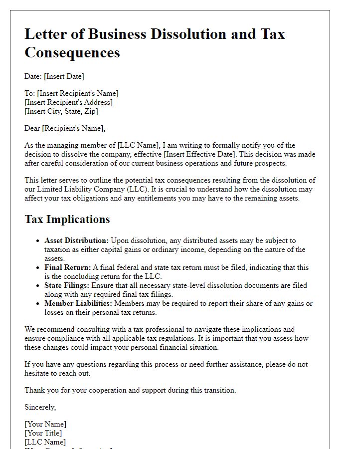 Letter template of business dissolution tax consequences for LLCs.