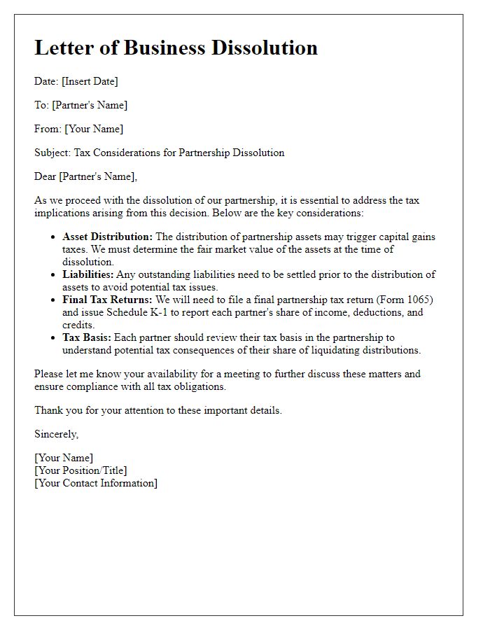 Letter template of business dissolution tax considerations for partnerships.