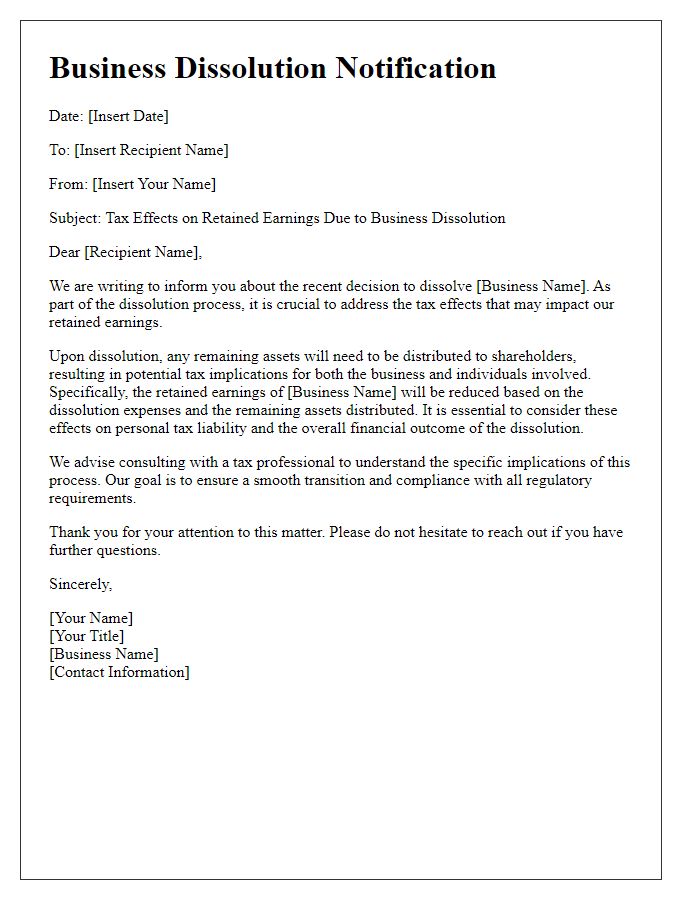 Letter template of business dissolution tax effects on retained earnings.