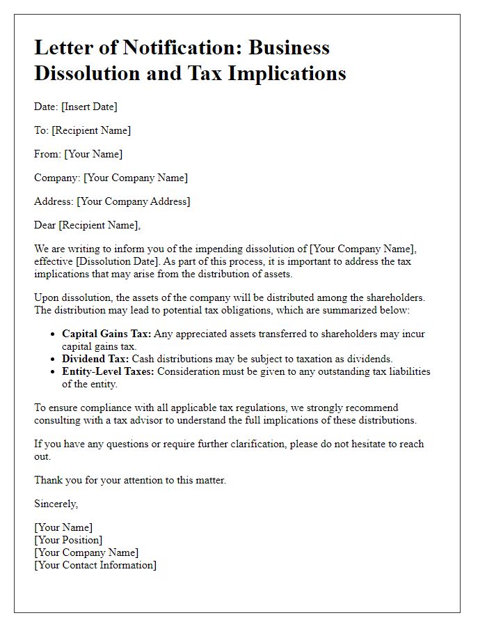 Letter template of business dissolution tax implications on asset distribution.