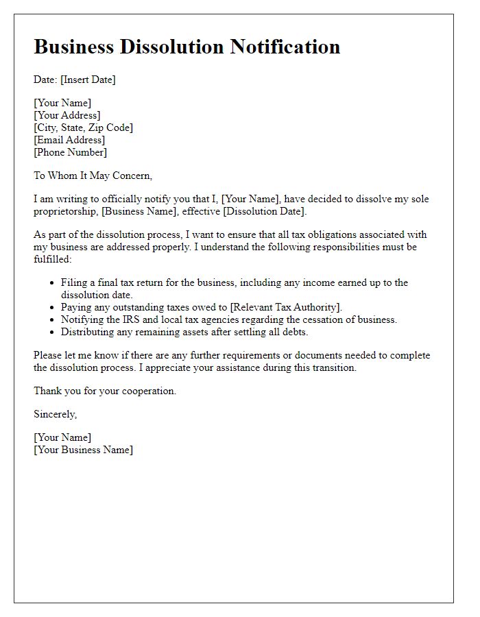 Letter template of business dissolution tax obligations for sole proprietorships.