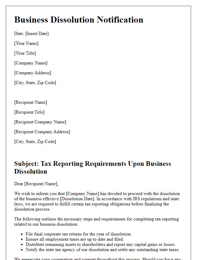 Letter template of business dissolution tax reporting requirements for corporations.