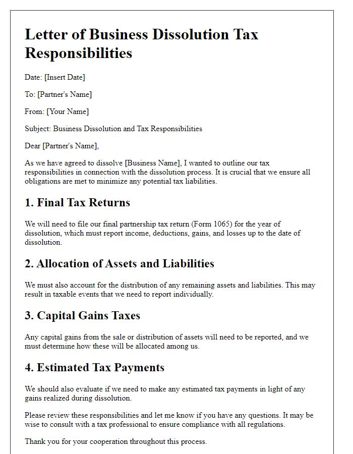 Letter template of business dissolution tax responsibilities for partners.