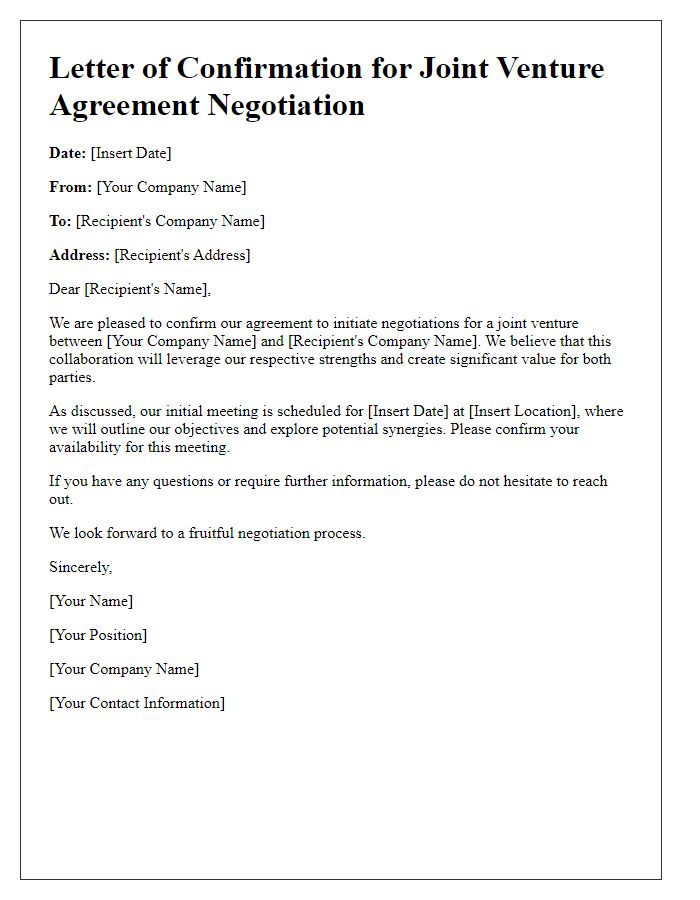 Letter template of joint venture agreement negotiation confirmation