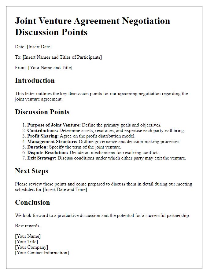 Letter template of joint venture agreement negotiation discussion points