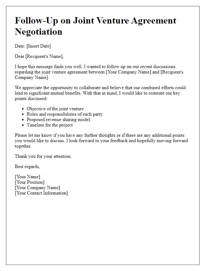 Letter template of joint venture agreement negotiation follow-up