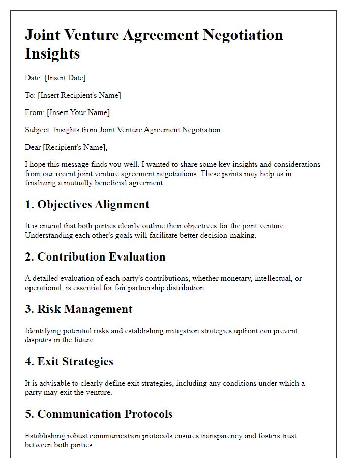 Letter template of joint venture agreement negotiation insights