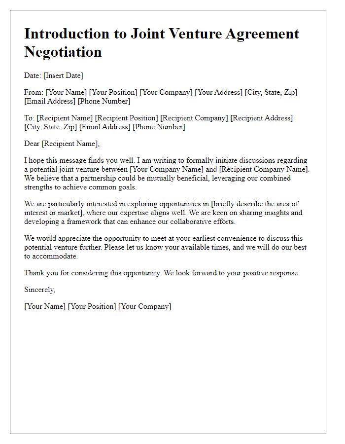 Letter template of joint venture agreement negotiation introduction