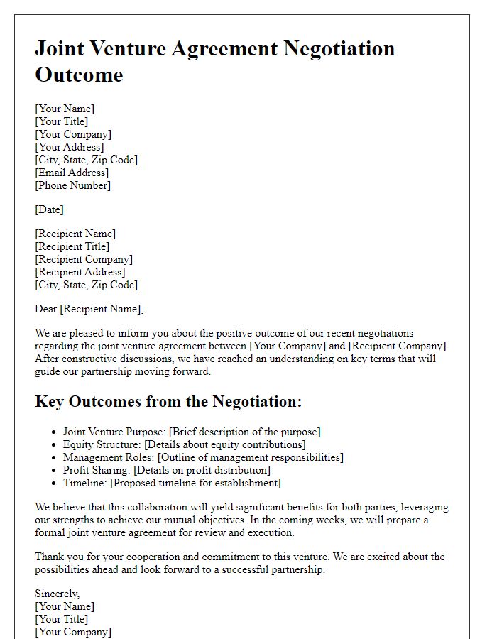 Letter template of joint venture agreement negotiation outcome