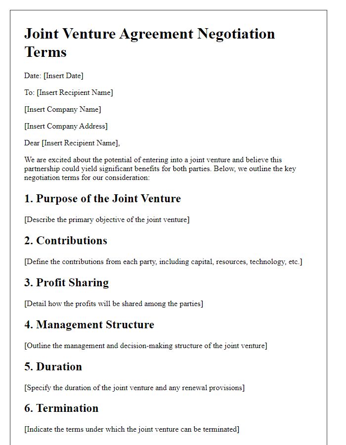 Letter template of joint venture agreement negotiation terms