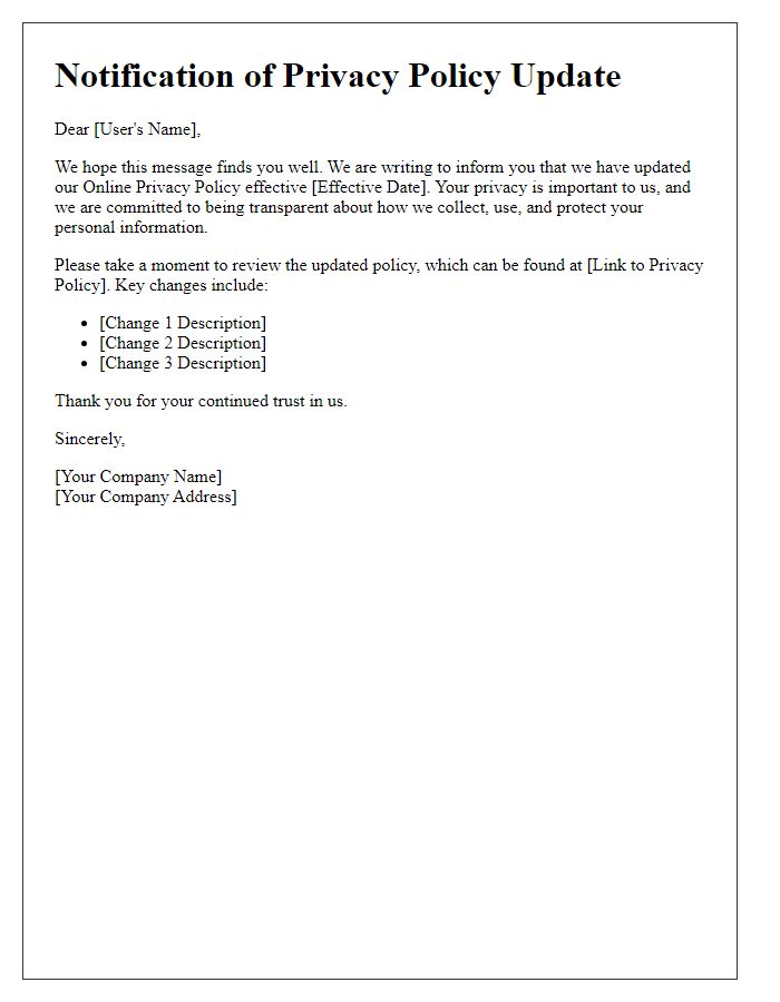 Letter template of online privacy policy modification notification