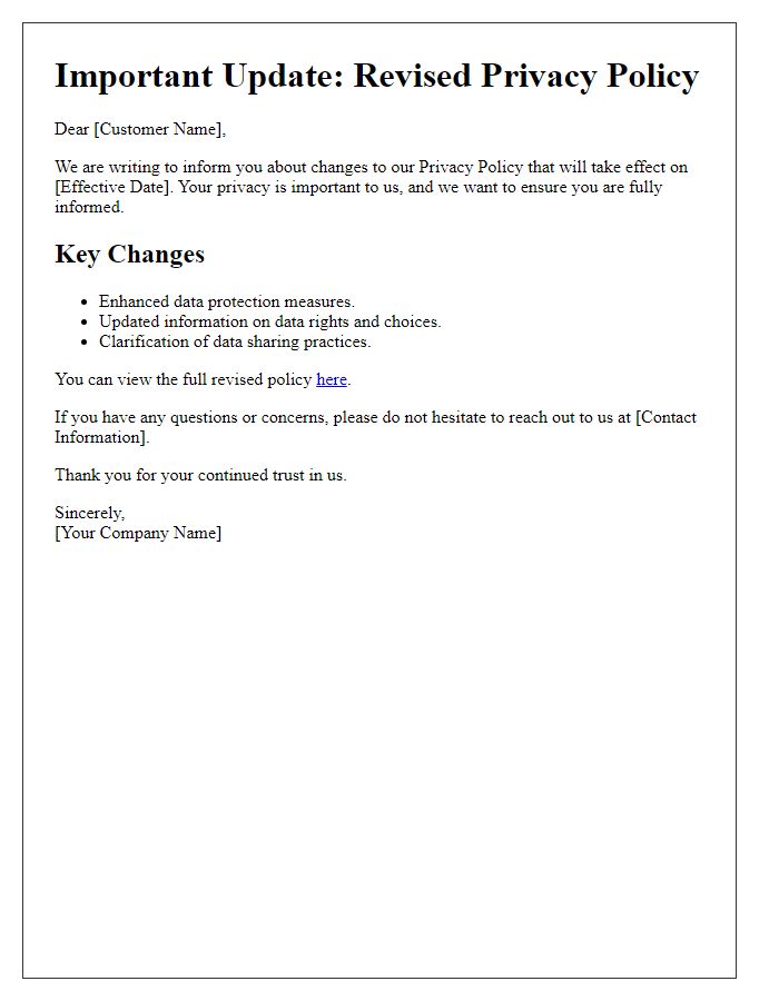 Letter template of revised privacy policy details