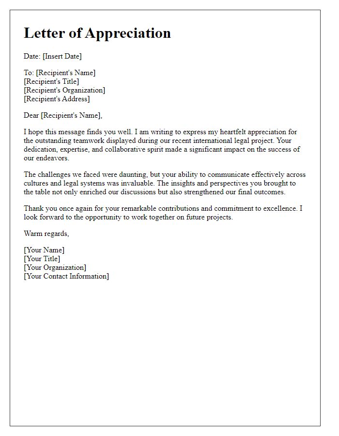 Letter template of appreciation for international legal teamwork