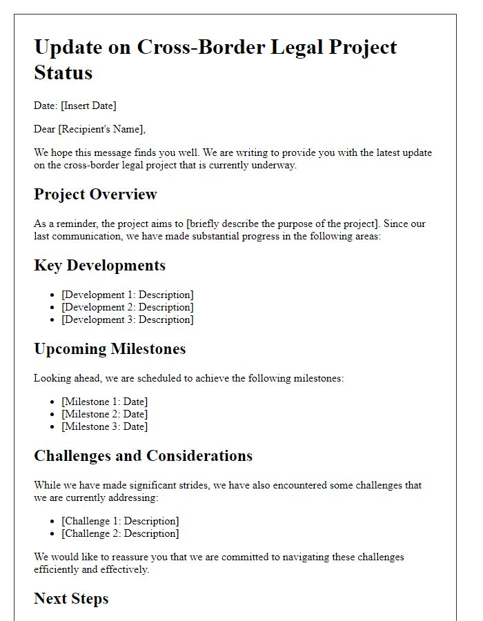 Letter template of update on cross-border legal project status