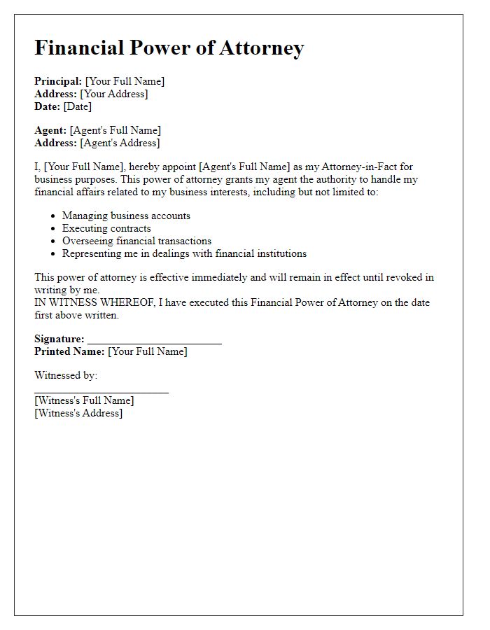 Letter template of financial power of attorney for business purposes