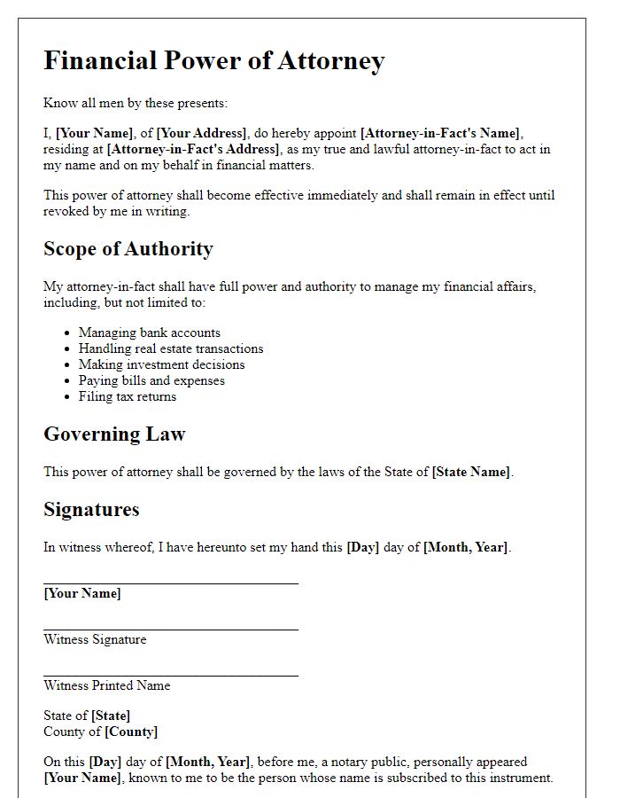 Letter template of financial power of attorney for estate planning