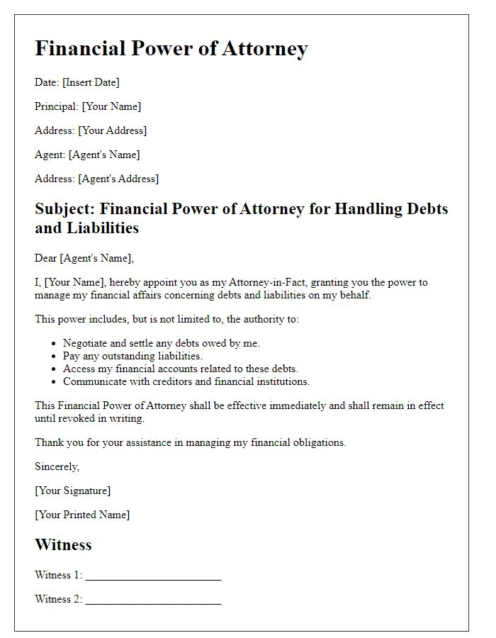 Letter template of financial power of attorney for handling debts and liabilities