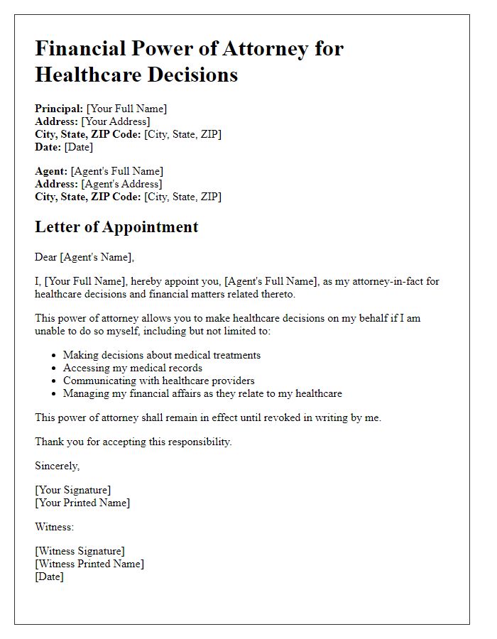 Letter template of financial power of attorney for healthcare decisions