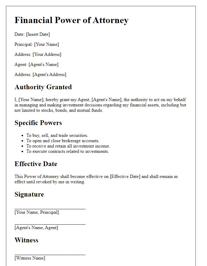 Letter template of financial power of attorney for managing investments