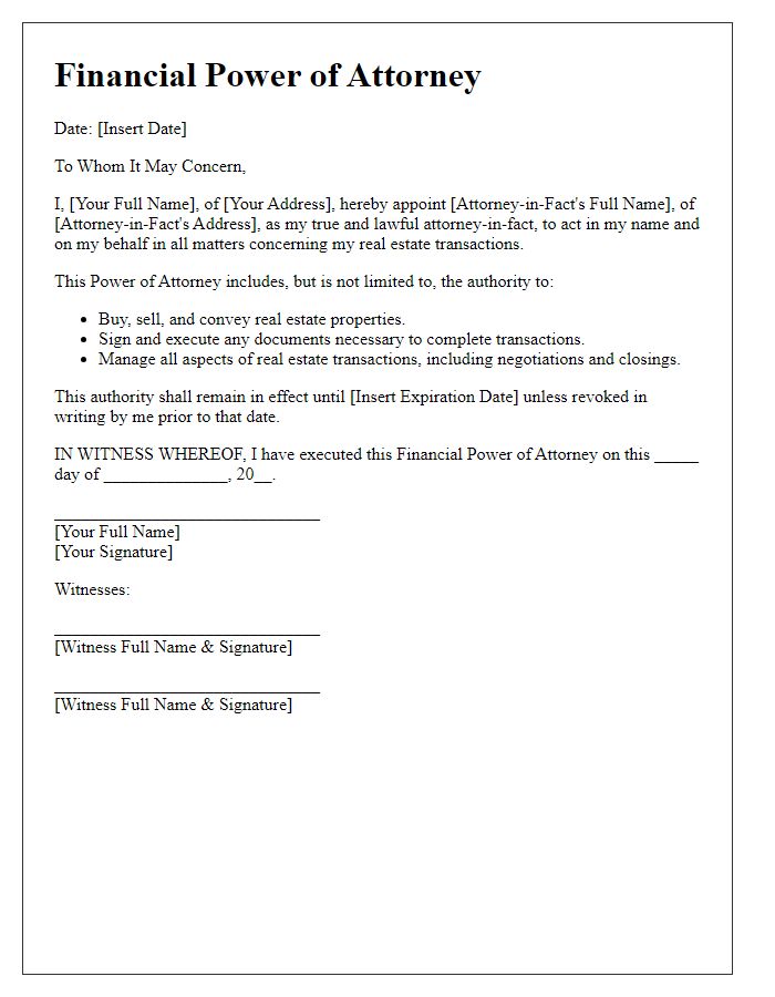 Letter template of financial power of attorney for real estate transactions