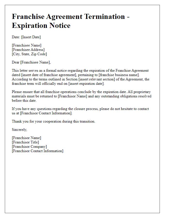 Letter template of Franchise Agreement Termination - Expiration Notice