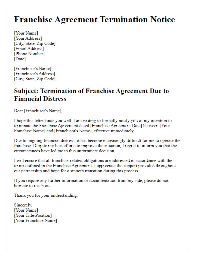 Letter template of Franchise Agreement Termination - Financial Distress