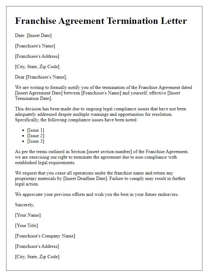 Letter template of Franchise Agreement Termination - Legal Compliance Issues