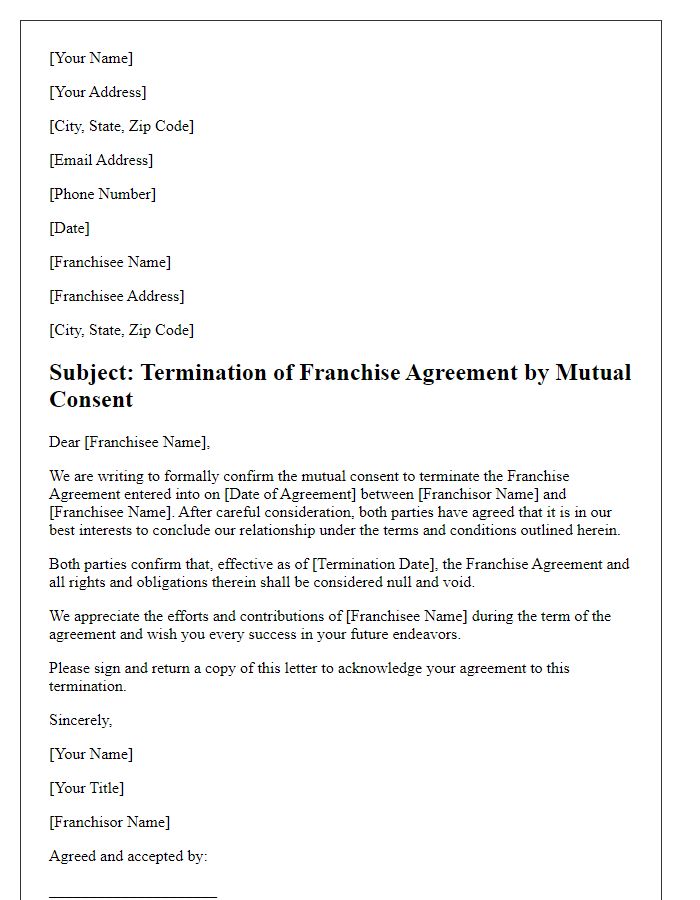 Letter template of Franchise Agreement Termination - Mutual Consent