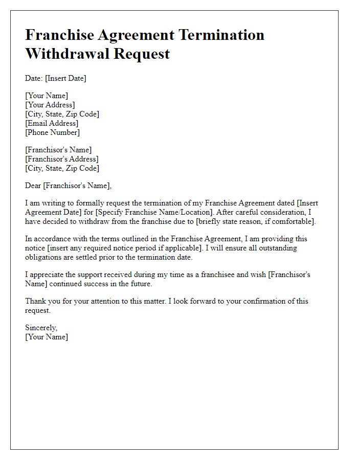 Letter template of Franchise Agreement Termination - Withdrawal Request