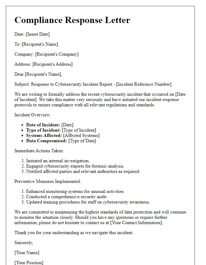 Letter template of compliance response to cybersecurity incident.