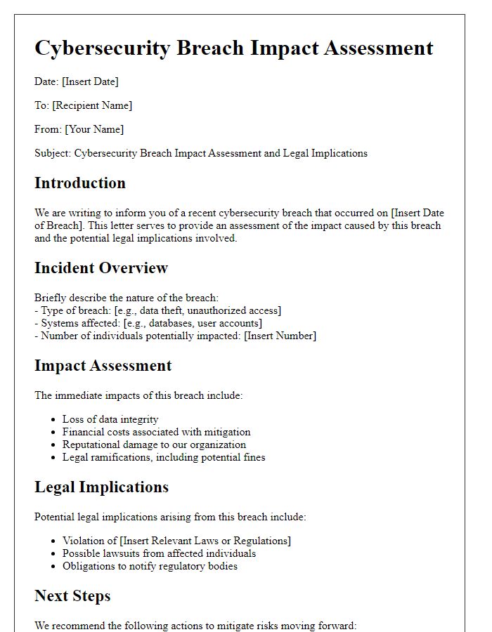 Letter template of cybersecurity breach impact assessment and legal implications.