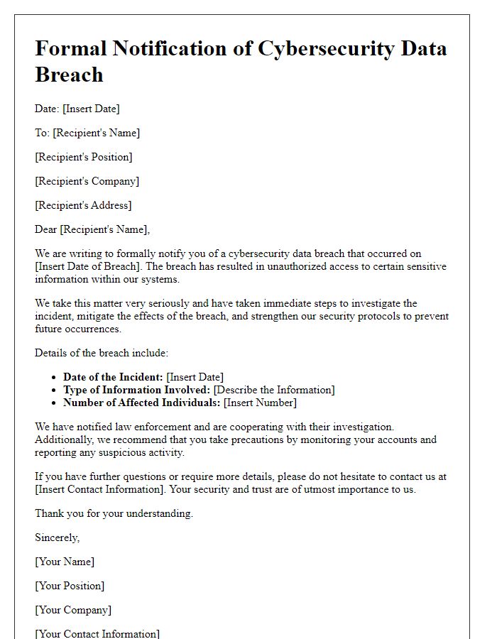 Letter template of formal notification regarding cybersecurity data breach.