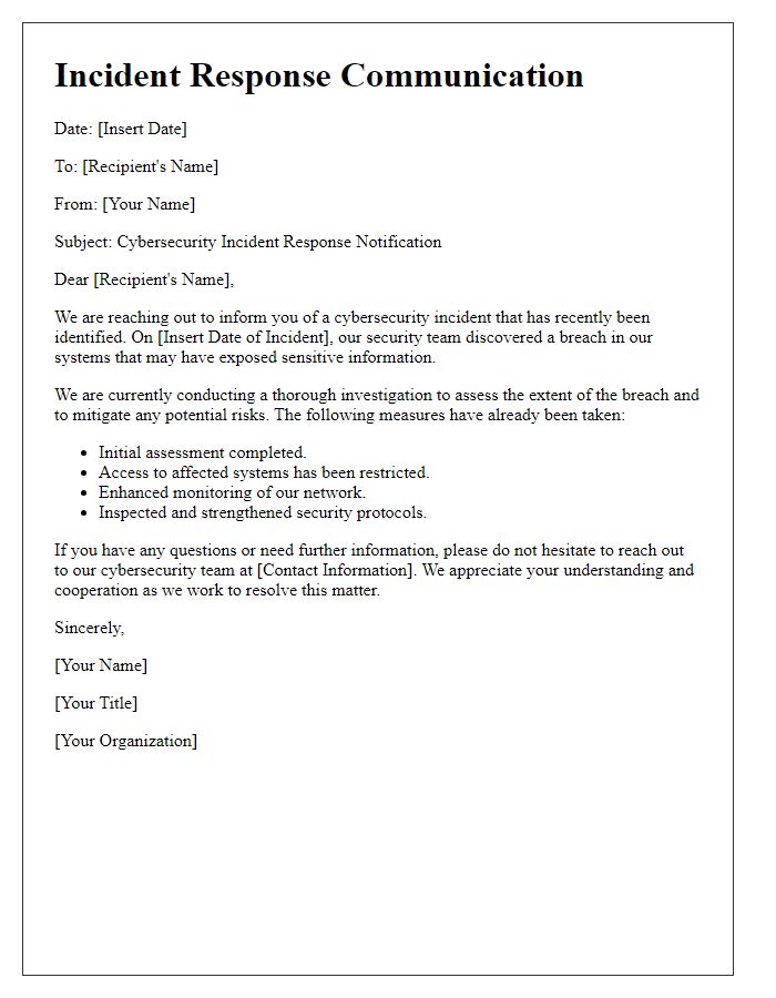 Letter template of incident response communication for cybersecurity breach.