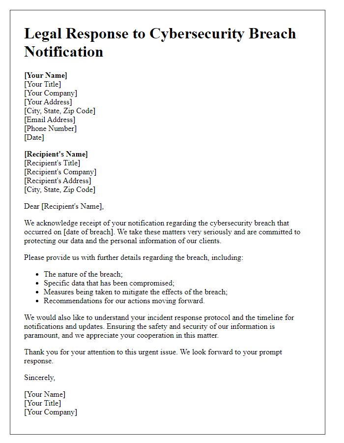 Letter template of legal response for cybersecurity breach notification.