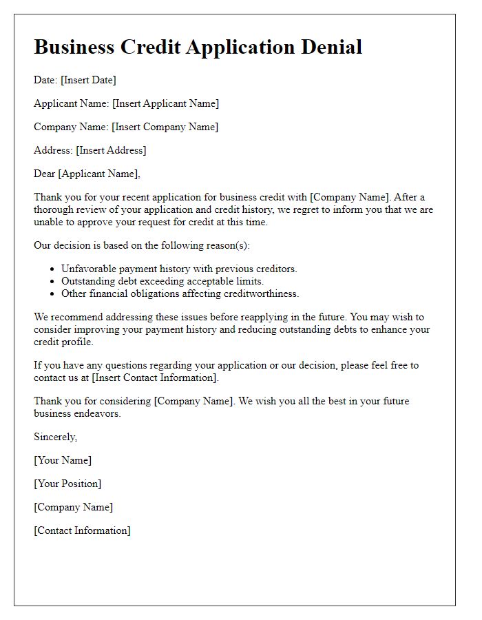 Letter template of business credit application denial citing unfavorable payment history.