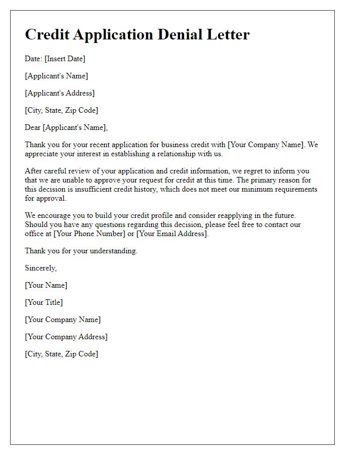 Letter template of business credit application denial for insufficient credit history.