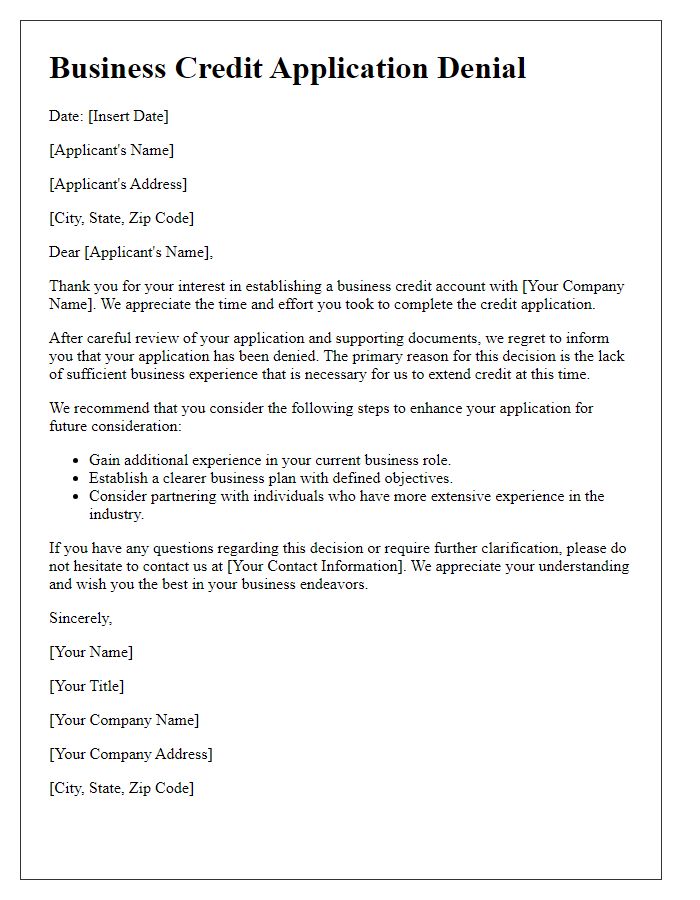 Letter template of business credit application denial for lack of business experience.