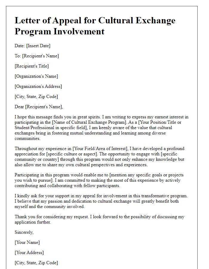 Letter template of appeal for cultural exchange program involvement