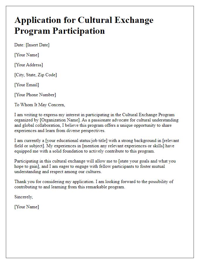 Letter template of application for cultural exchange program participation