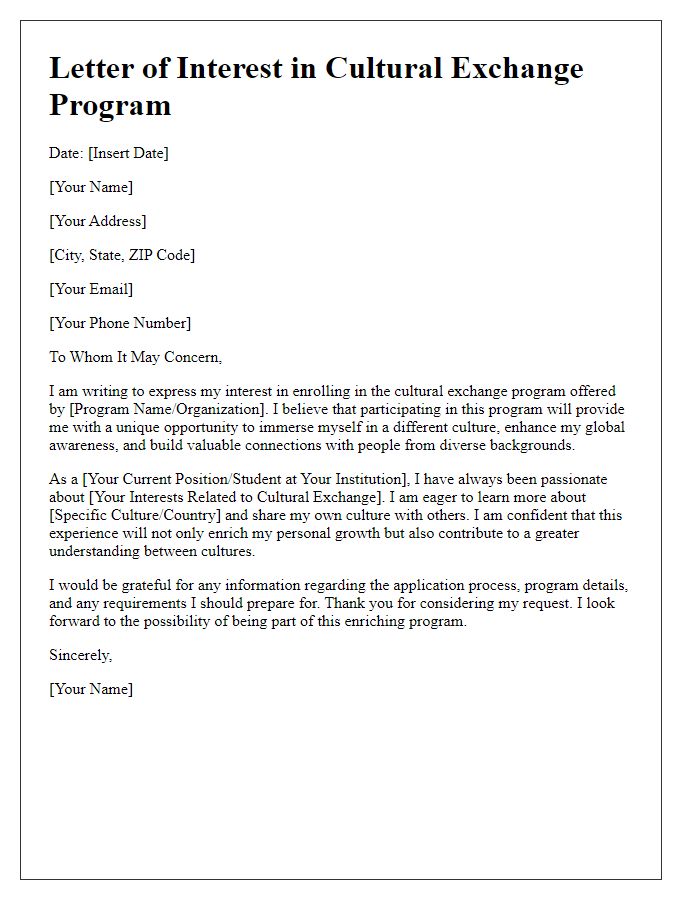 Letter template of interest in cultural exchange program enrollment